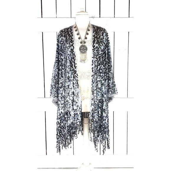Gray silver round sequin kimono cover up cardigan fringe jacket - Picture 5 of 6